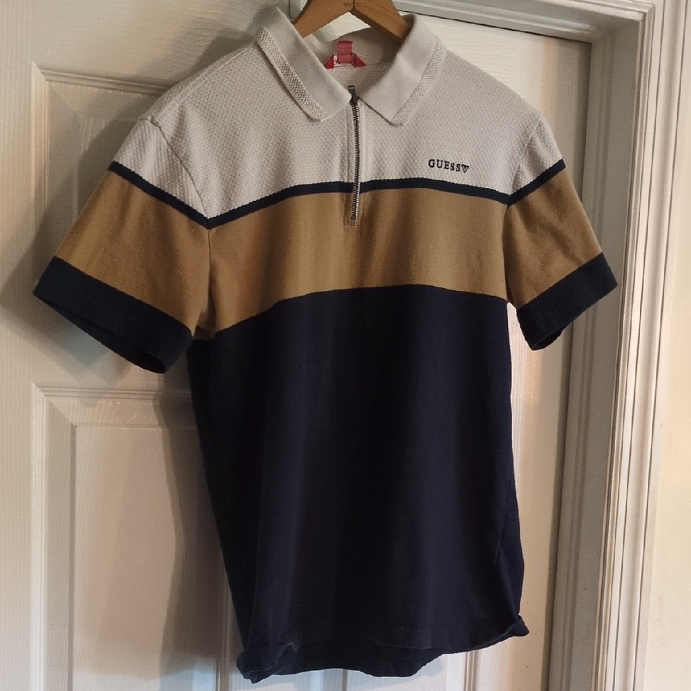 Guess Blue and Tan Polo Shirt with Color-Block Design